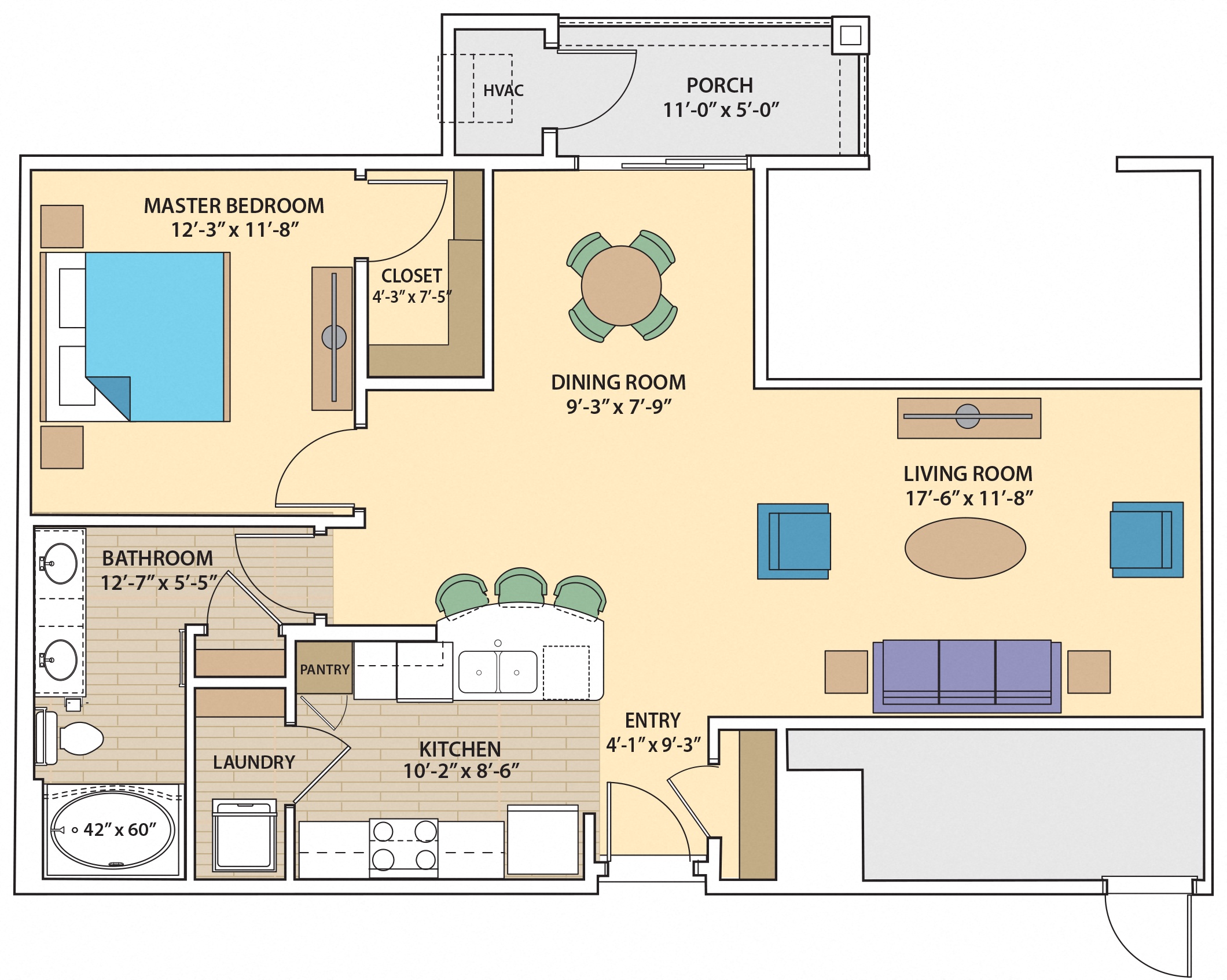 Floor plan for 1 bed, 1 bath, 963 sqft